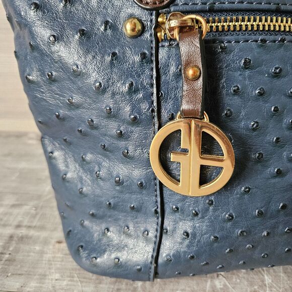 Giani Bernini Ostrich Embossed Shoulder Satchel Bag Purse Blue Faux Leather - Picture 2 of 16